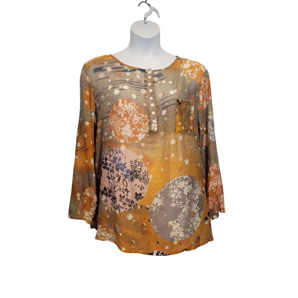 O-Nelue Women 3XL Art to Wear Boho Floral Watercolor Semi Sheer Button Blouse‎